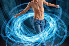 Photos of Handsome Shirtless Men Dancing with Light Rays,Colorful,in Motion.