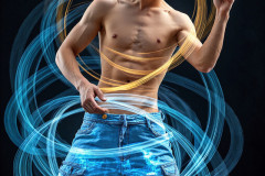 Photos of Handsome Shirtless Men Dancing with Light Rays,Colorful,in Motion.