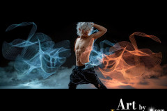 Photos of Handsome Shirtless Men Dancing with Light Rays,Colorful,in Motion.