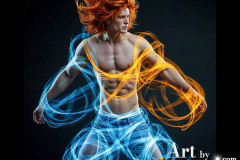 Photos of Handsome Shirtless Men Dancing with Light Rays,Colorful,in Motion.