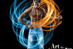 Photos of Handsome Shirtless Men Dancing with Light Rays,Colorful,in Motion.