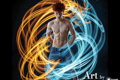 Photos of Handsome Shirtless Men Dancing with Light Rays,Colorful,in Motion.