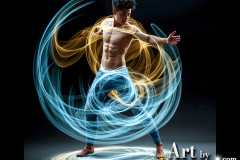 Photos of Handsome Shirtless Men Dancing with Light Rays,Colorful,in Motion.