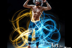 Photos of Handsome Shirtless Men Dancing with Light Rays,Colorful,in Motion.