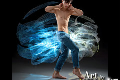 Photos of Handsome Shirtless Men Dancing with Light Rays,Colorful,in Motion.