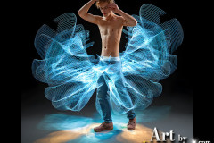 Photos of Handsome Shirtless Men Dancing with Light Rays,Colorful,in Motion.