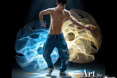 Photos of Handsome Shirtless Men Dancing with Light Rays,Colorful,in Motion.