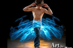 Photos of Handsome Shirtless Men Dancing with Light Rays,Colorful,in Motion.
