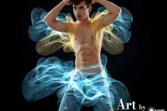 Photos of Handsome Shirtless Men Dancing with Light Rays,Colorful,in Motion.