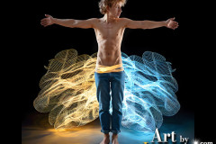 Photos of Handsome Shirtless Men Dancing with Light Rays,Colorful,in Motion.