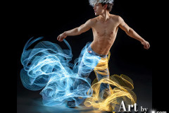 Photos of Handsome Shirtless Men Dancing with Light Rays,Colorful,in Motion.