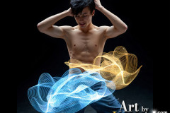 Photos of Handsome Shirtless Men Dancing with Light Rays,Colorful,in Motion.