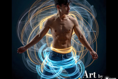 Photos of Handsome Shirtless Men Dancing with Light Rays,Colorful,in Motion.