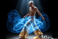 Photos of Handsome Shirtless Men Dancing with Light Rays,Colorful,in Motion.