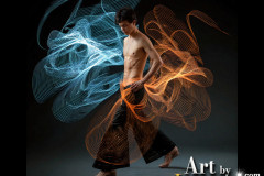 Photos of Handsome Shirtless Men Dancing with Light Rays,Colorful,in Motion.