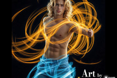Photos of Handsome Shirtless Men Dancing with Light Rays,Colorful,in Motion.