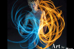 Photos of Handsome Shirtless Men Dancing with Light Rays,Colorful,in Motion.
