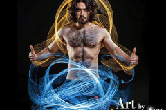 Photos of Handsome Shirtless Men Dancing with Light Rays,Colorful,in Motion.