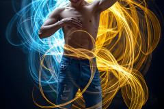 Photos of Handsome Shirtless Men Dancing with Light Rays,Colorful,in Motion.
