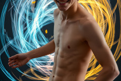 Photos of Handsome Shirtless Men Dancing with Light Rays,Colorful,in Motion.