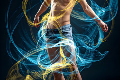 Photos of Handsome Shirtless Men Dancing with Light Rays,Colorful,in Motion.