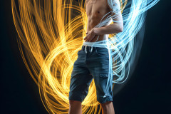 Photos of Handsome Shirtless Men Dancing with Light Rays,Colorful,in Motion.