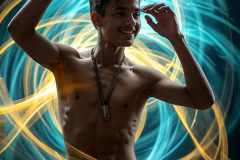 Photos of Handsome Shirtless Men Dancing with Light Rays,Colorful,in Motion.