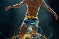 Photos of Handsome Shirtless Men Dancing with Light Rays,Colorful,in Motion.