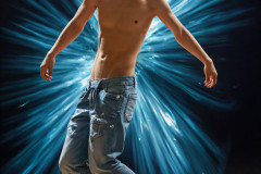Photos of Handsome Shirtless Men Dancing with Light Rays,Colorful,in Motion.
