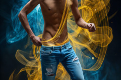 Photos of Handsome Shirtless Men Dancing with Light Rays,Colorful,in Motion.