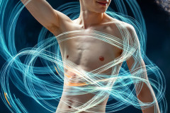 Photos of Handsome Shirtless Men Dancing with Light Rays,Colorful,in Motion.