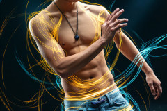 Photos of Handsome Shirtless Men Dancing with Light Rays,Colorful,in Motion.
