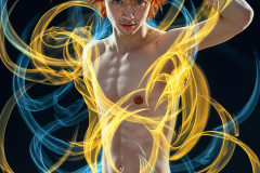 Photos of Handsome Shirtless Men Dancing with Light Rays,Colorful,in Motion.