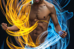 Photos of Handsome Shirtless Men Dancing with Light Rays,Colorful,in Motion.