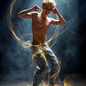 Abstract Male Art,AI Pictures of Handsome Shirtless Men,Dancing Outdoors,with Colorful Light Rays,Art in Motion Images.