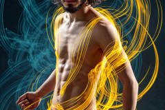 Photos of Handsome Shirtless Men Dancing with Light Rays,Colorful,in Motion.