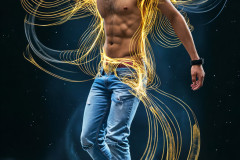 Photos of Handsome Shirtless Men Dancing with Light Rays,Colorful,in Motion.