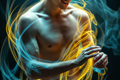 Photos of Handsome Shirtless Men Dancing with Light Rays,Colorful,in Motion.