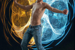 Photos of Handsome Shirtless Men Dancing with Light Rays,Colorful,in Motion.