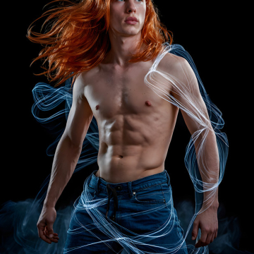 Abstract Male Art,AI Pictures of Handsome Shirtless Men,Dancing Outdoors,with Colorful Light Rays,Art in Motion Images.