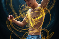 Photos of Handsome Shirtless Men Dancing with Light Rays,Colorful,in Motion.