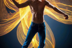 Photos of Handsome Shirtless Men Dancing with Light Rays,Colorful,in Motion.