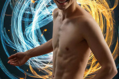 Photos of Handsome Shirtless Men Dancing with Light Rays,Colorful,in Motion.