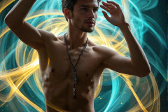Photos of Handsome Shirtless Men Dancing with Light Rays,Colorful,in Motion.