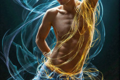 Photos of Handsome Shirtless Men Dancing with Light Rays,Colorful,in Motion.