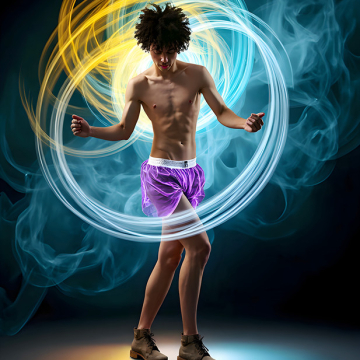 Abstract Male Art,AI Pictures of Handsome Shirtless Men,Dancing Outdoors,with Colorful Light Rays,Art in Motion Images.
