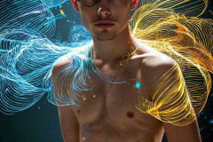 Photos of Handsome Shirtless Men Dancing with Light Rays,Colorful,in Motion.