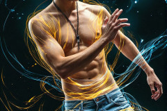 Photos of Handsome Shirtless Men Dancing with Light Rays,Colorful,in Motion.