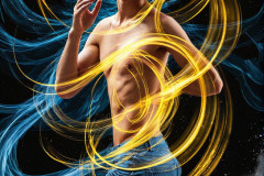Photos of Handsome Shirtless Men Dancing with Light Rays,Colorful,in Motion.