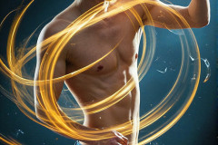 Photos of Handsome Shirtless Men Dancing with Light Rays,Colorful,in Motion.